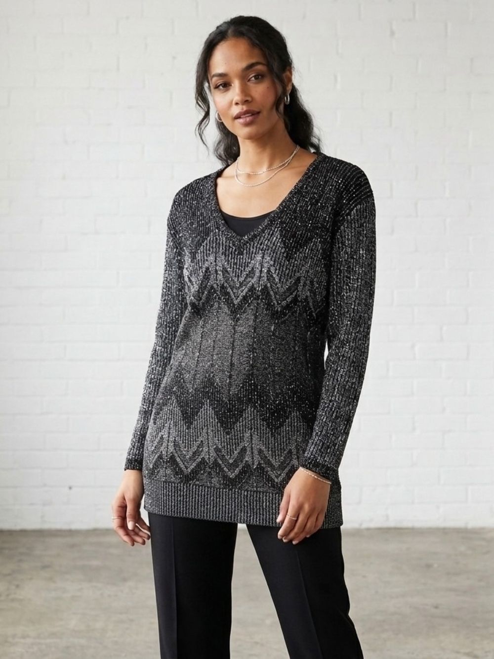 VTG Norton McNaughton Metallic Silver & Black Chevron Knit Sweater Size 4